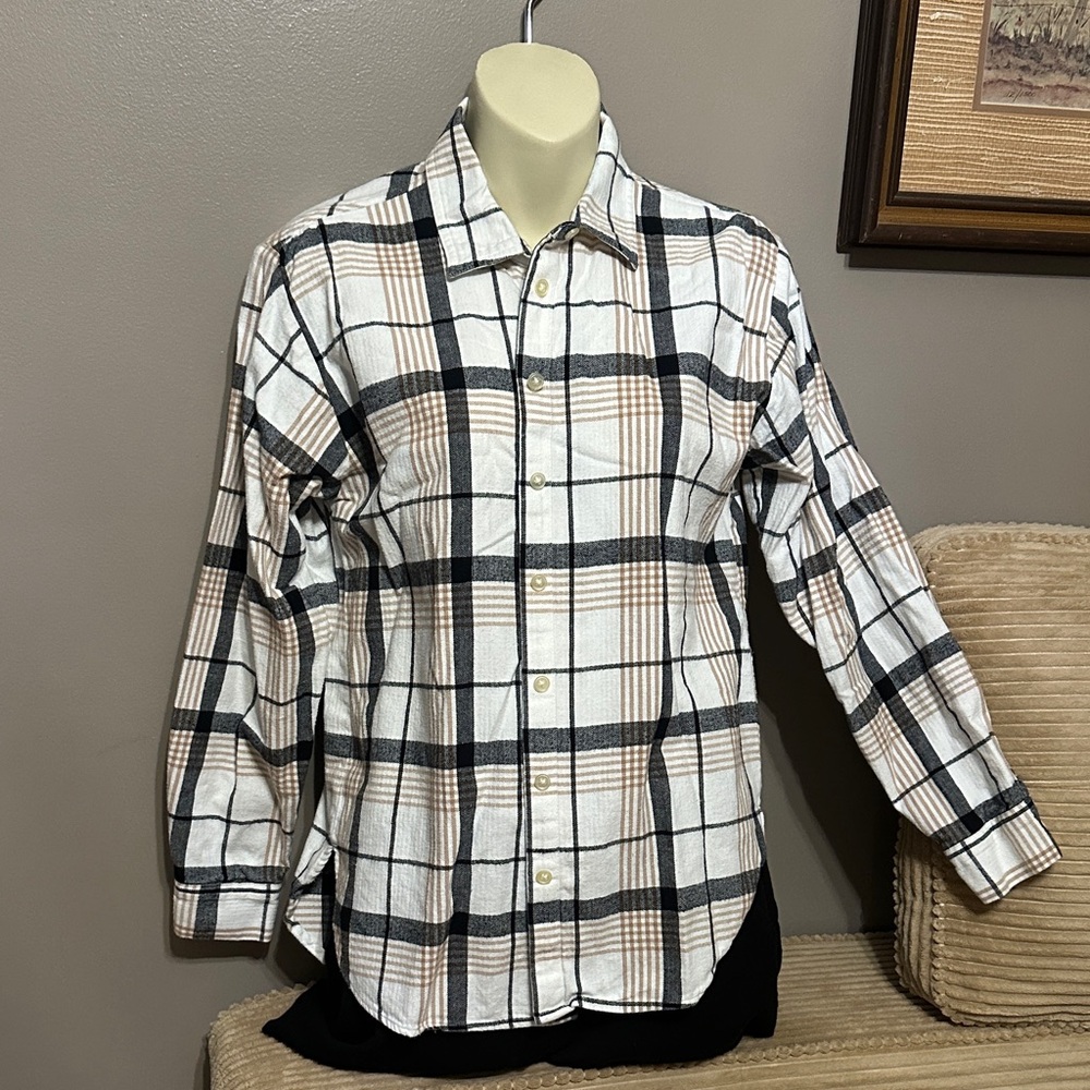 LOFT Beige and Black Plaid Flannel Shirt Small